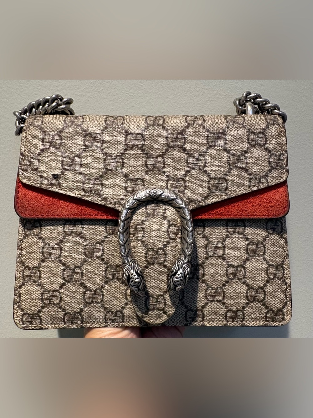 Gucci Beige GG Supreme Canvas Shoulder Bag with Red Suede Trim